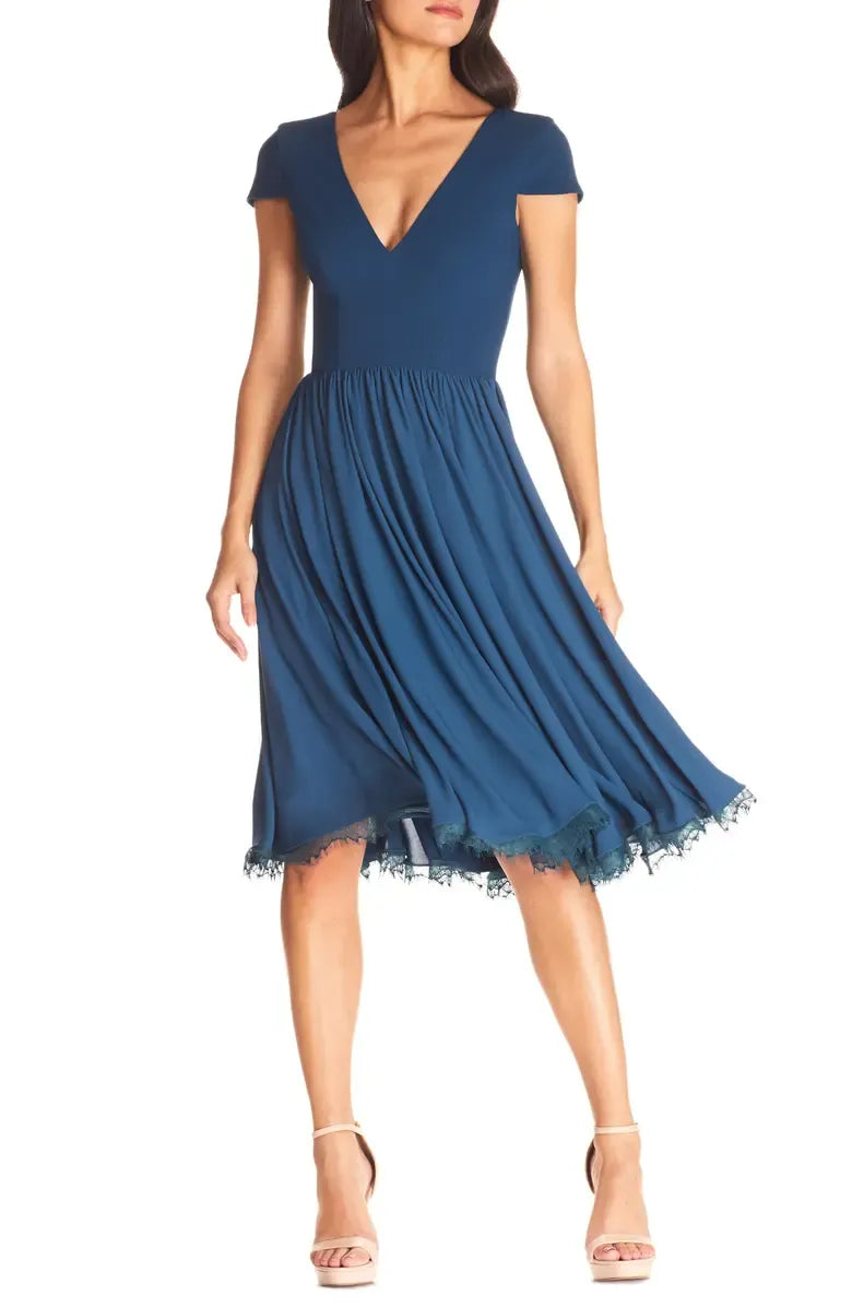 A-Line V Neck Short Sleeve Tea-Length Prom Dress
