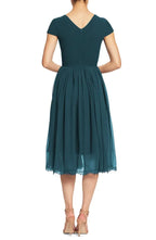 A-Line V Neck Short Sleeve Tea-Length Prom Dress