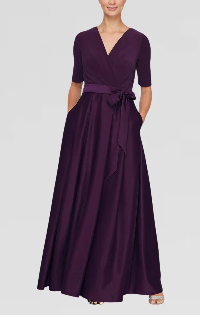 A-Line V Neck Short Sleeve Floor-Length Mother of the Bride Dress