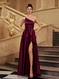 A-line One Shoulder Sleeveless Back Zip Floor-Length Prom Dress
