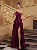 A-line One Shoulder Sleeveless Back Zip Floor-Length Prom Dress