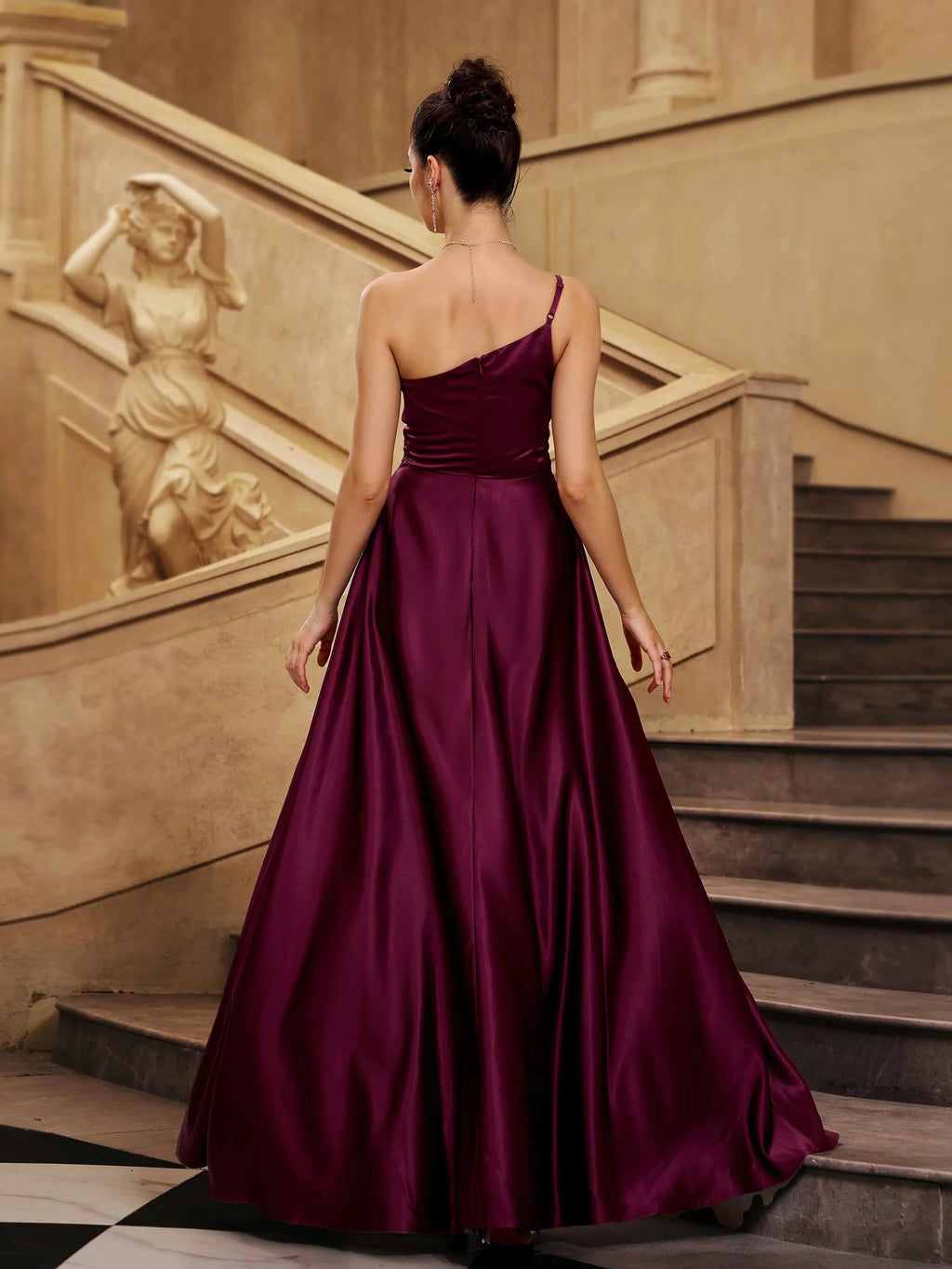 A-line One Shoulder Sleeveless Back Zip Floor-Length Prom Dress
