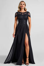 A Line Illusion Boat Neck Cap Sleeve Sequins Floor-Length Evening Dress