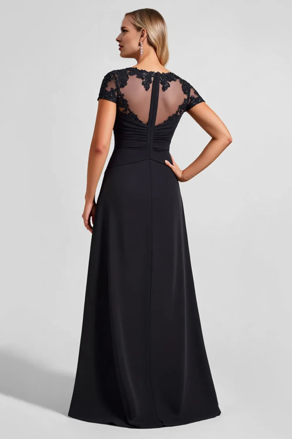 A Line Illusion Boat Neck Cap Sleeve Sequins Floor-Length Evening Dress