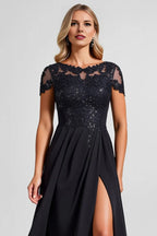 A Line Illusion Boat Neck Cap Sleeve Sequins Floor-Length Evening Dress