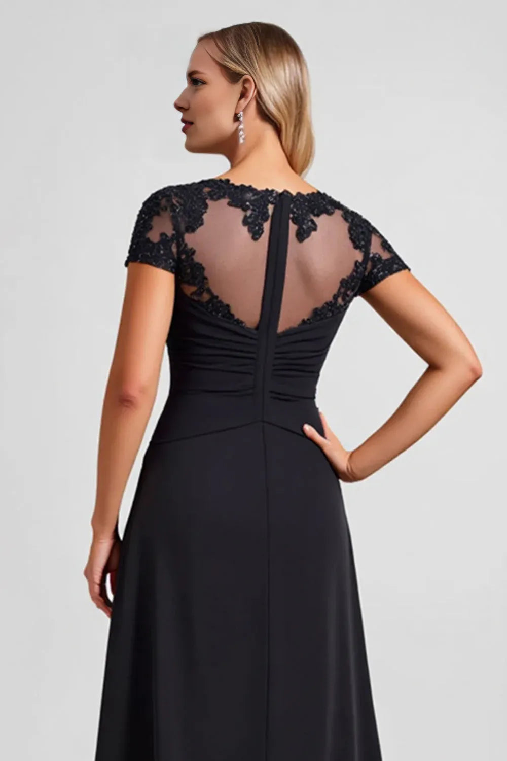 A Line Illusion Boat Neck Cap Sleeve Sequins Floor-Length Evening Dress