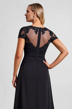 A Line Illusion Boat Neck Cap Sleeve Sequins Floor-Length Evening Dress