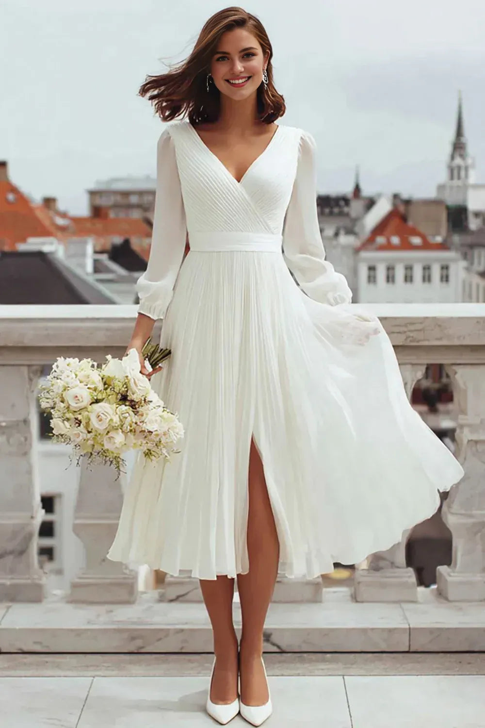 A Line Long Sleeve V Neck Slit Tea-Length Wedding Dress
