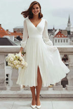 A Line Long Sleeve V Neck Slit Tea-Length Wedding Dress