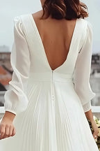 A Line Long Sleeve V Neck Slit Tea-Length Wedding Dress