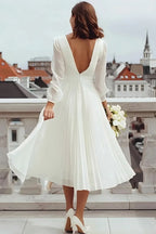 A Line Long Sleeve V Neck Slit Tea-Length Wedding Dress