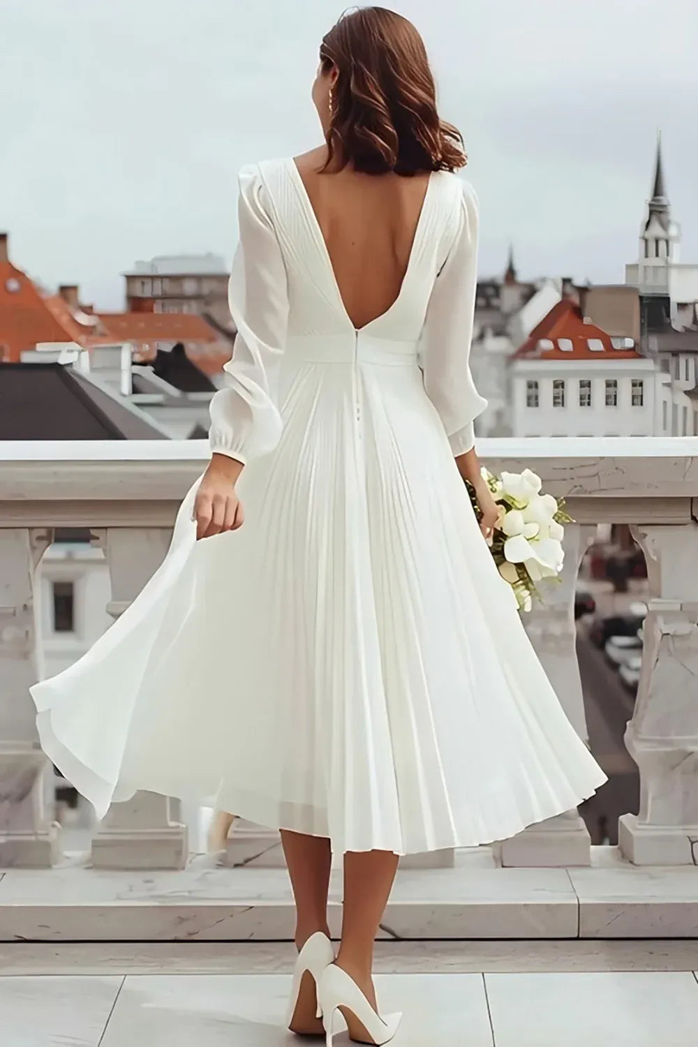 A Line Long Sleeve V Neck Slit Tea-Length Wedding Dress