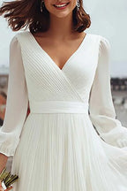 A Line Long Sleeve V Neck Slit Tea-Length Wedding Dress