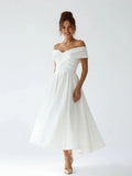 A Line Off the Shoulder Cap Sleeve Pleated Tea Length Wedding Dress