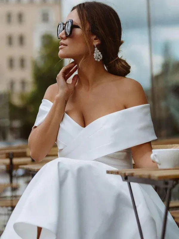 A Line Off the Shoulder Cap Sleeve Pleated Tea Length Wedding Dress