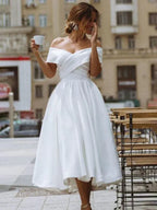 A Line Off the Shoulder Cap Sleeve Pleated Tea Length Wedding Dress