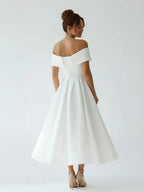 A Line Off the Shoulder Cap Sleeve Pleated Tea Length Wedding Dress