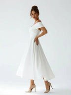 A Line Off the Shoulder Cap Sleeve Pleated Tea Length Wedding Dress