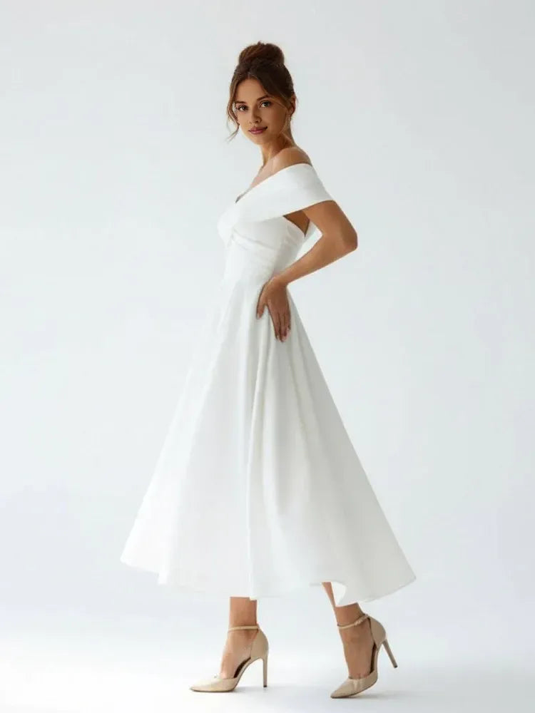 A Line Off the Shoulder Cap Sleeve Pleated Tea Length Wedding Dress