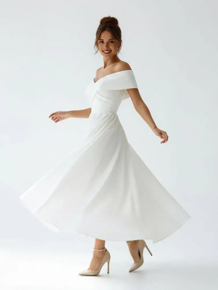 A Line Off the Shoulder Cap Sleeve Pleated Tea Length Wedding Dress