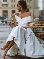 A Line Off the Shoulder Cap Sleeve Pleated Tea Length Wedding Dress