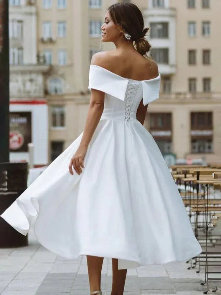 A Line Off the Shoulder Cap Sleeve Pleated Tea Length Wedding Dress