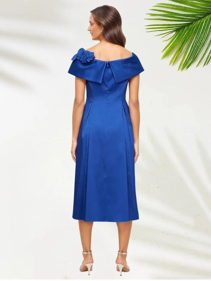A Line Scoop-neck Cap Sleeves Tea-Length Mother of the Bride Dress