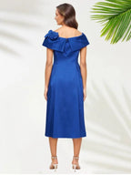 A Line Scoop-neck Cap Sleeves Tea-Length Mother of the Bride Dress