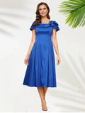 A Line Scoop-neck Cap Sleeves Tea-Length Mother of the Bride Dress