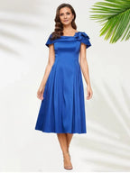 A Line Scoop-neck Cap Sleeves Tea-Length Mother of the Bride Dress