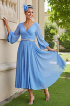 A Line V-Neck Long Sleeve Zipper Up Tea-Length Mother of the Bride Dress
