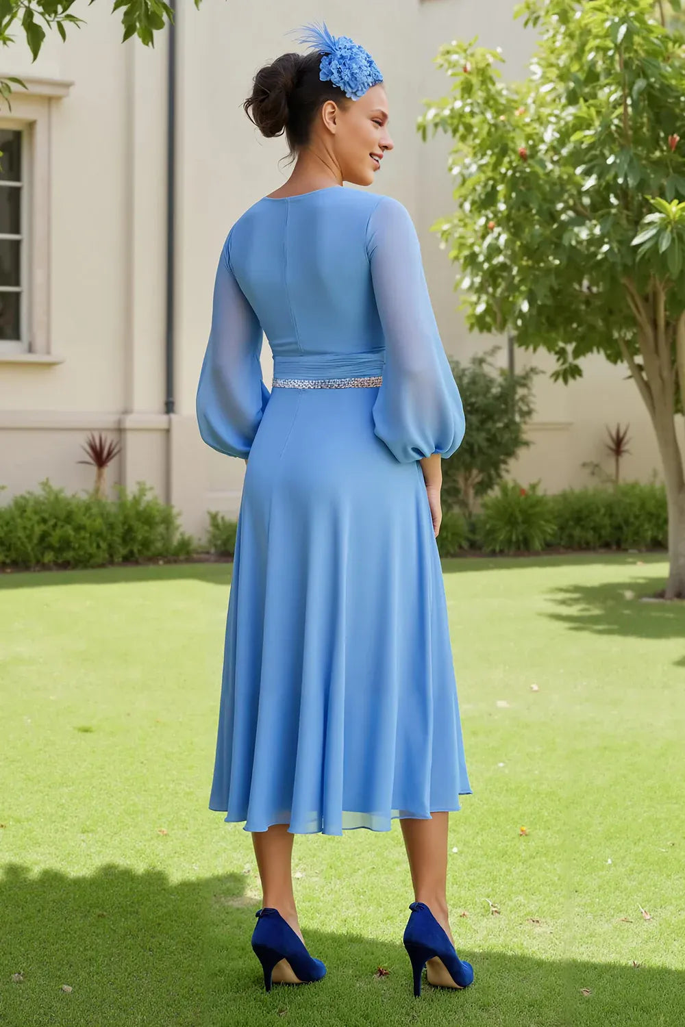 A Line V-Neck Long Sleeve Zipper Up Tea-Length Mother of the Bride Dress