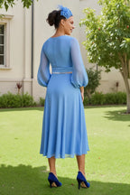 A Line V-Neck Long Sleeve Zipper Up Tea-Length Mother of the Bride Dress