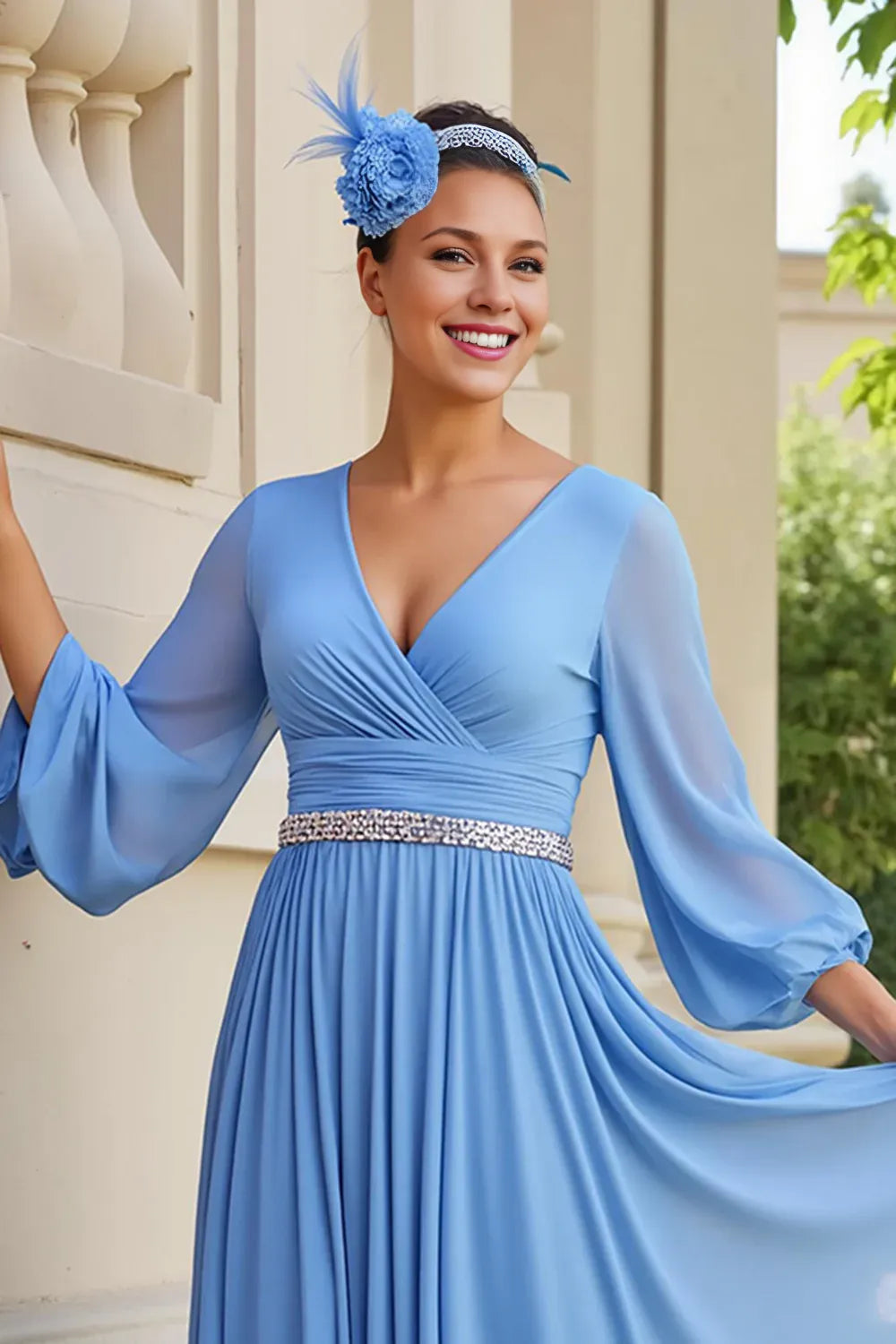 A Line V-Neck Long Sleeve Zipper Up Tea-Length Mother of the Bride Dress