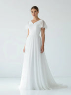A Line V Neck Short Sleeve Ruffles Sweep Train Wedding Dress