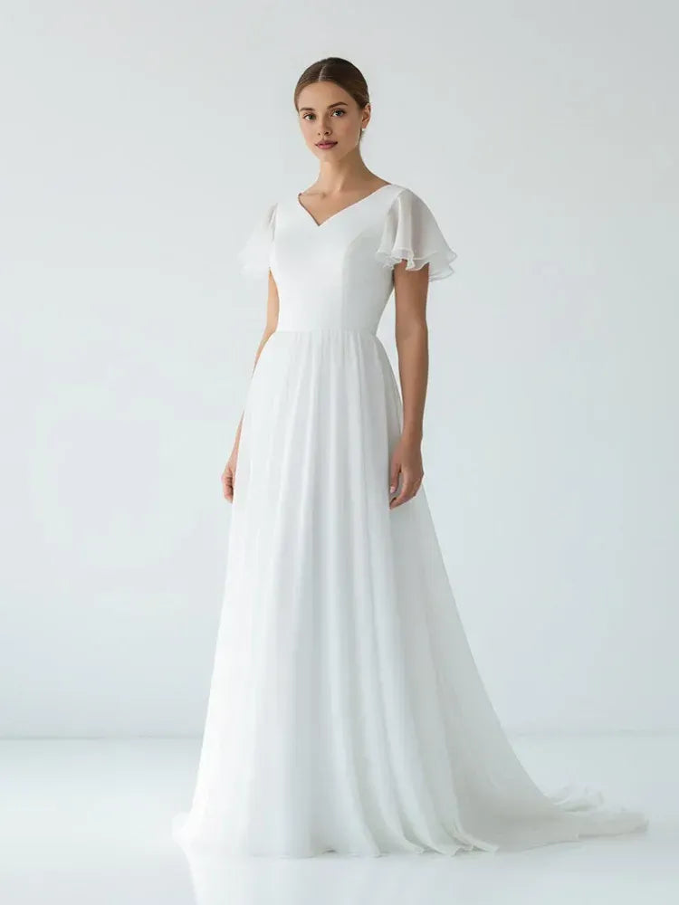 A Line V Neck Short Sleeve Ruffles Sweep Train Wedding Dress