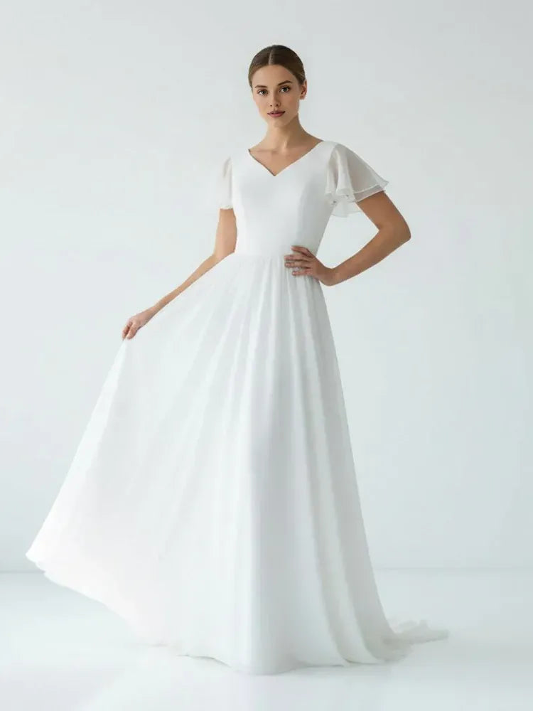 A Line V Neck Short Sleeve Ruffles Sweep Train Wedding Dress
