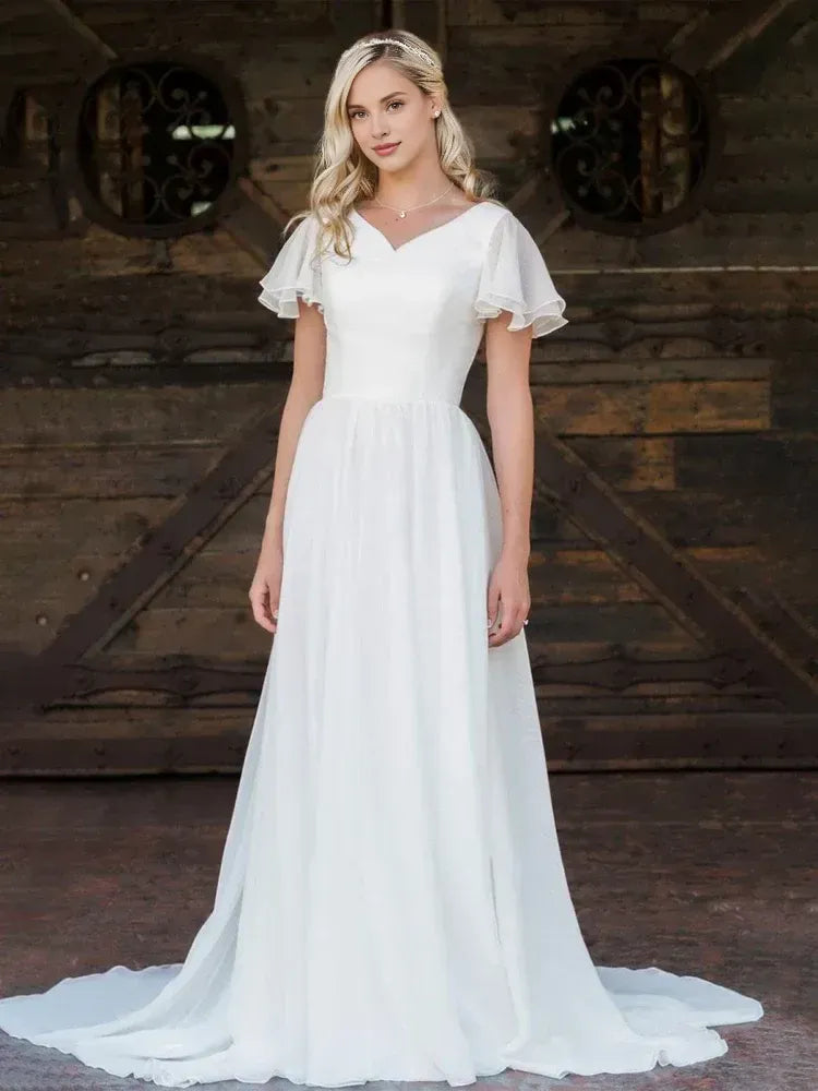 A Line V Neck Short Sleeve Ruffles Sweep Train Wedding Dress