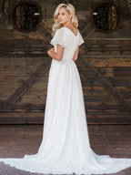 A Line V Neck Short Sleeve Ruffles Sweep Train Wedding Dress