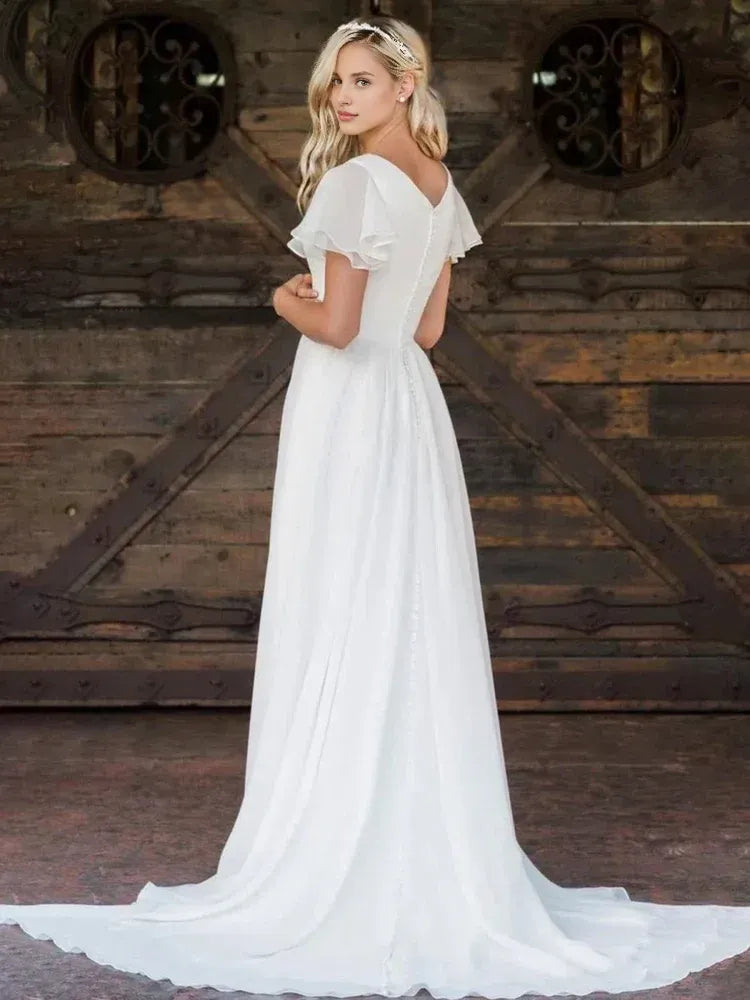 A Line V Neck Short Sleeve Ruffles Sweep Train Wedding Dress