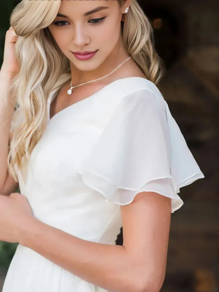 A Line V Neck Short Sleeve Ruffles Sweep Train Wedding Dress