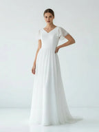 A Line V Neck Short Sleeve Ruffles Sweep Train Wedding Dress