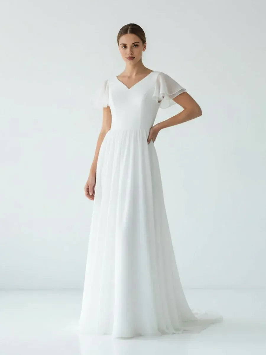A Line V Neck Short Sleeve Ruffles Sweep Train Wedding Dress