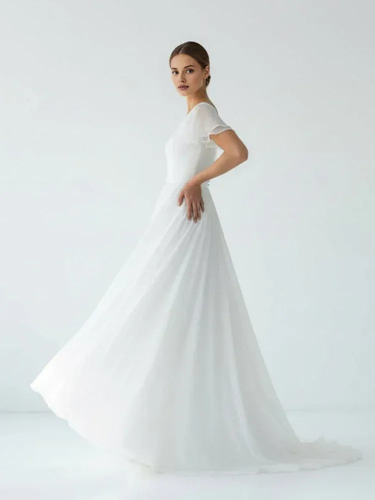 A Line V Neck Short Sleeve Ruffles Sweep Train Wedding Dress