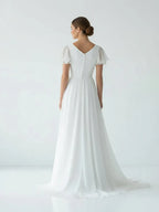 A Line V Neck Short Sleeve Ruffles Sweep Train Wedding Dress