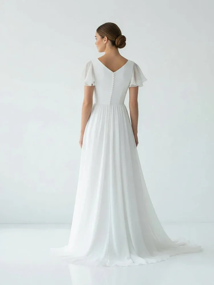 A Line V Neck Short Sleeve Ruffles Sweep Train Wedding Dress