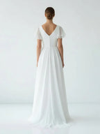A Line V Neck Short Sleeve Ruffles Sweep Train Wedding Dress