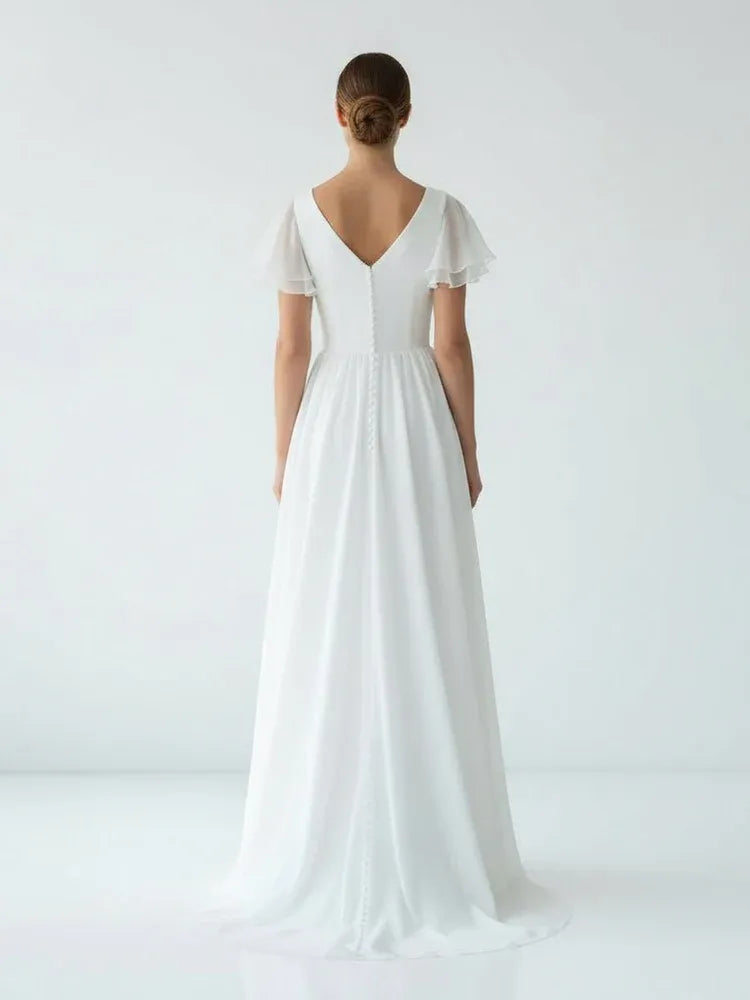 A Line V Neck Short Sleeve Ruffles Sweep Train Wedding Dress