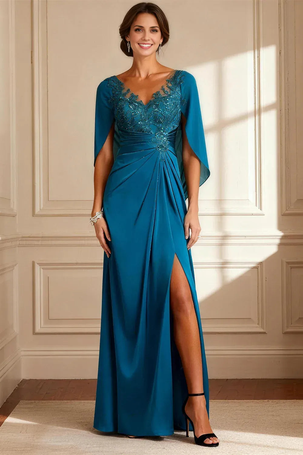 Bodycon V Neck Cape Appliques Floor-Length Mother of the Bride Dress