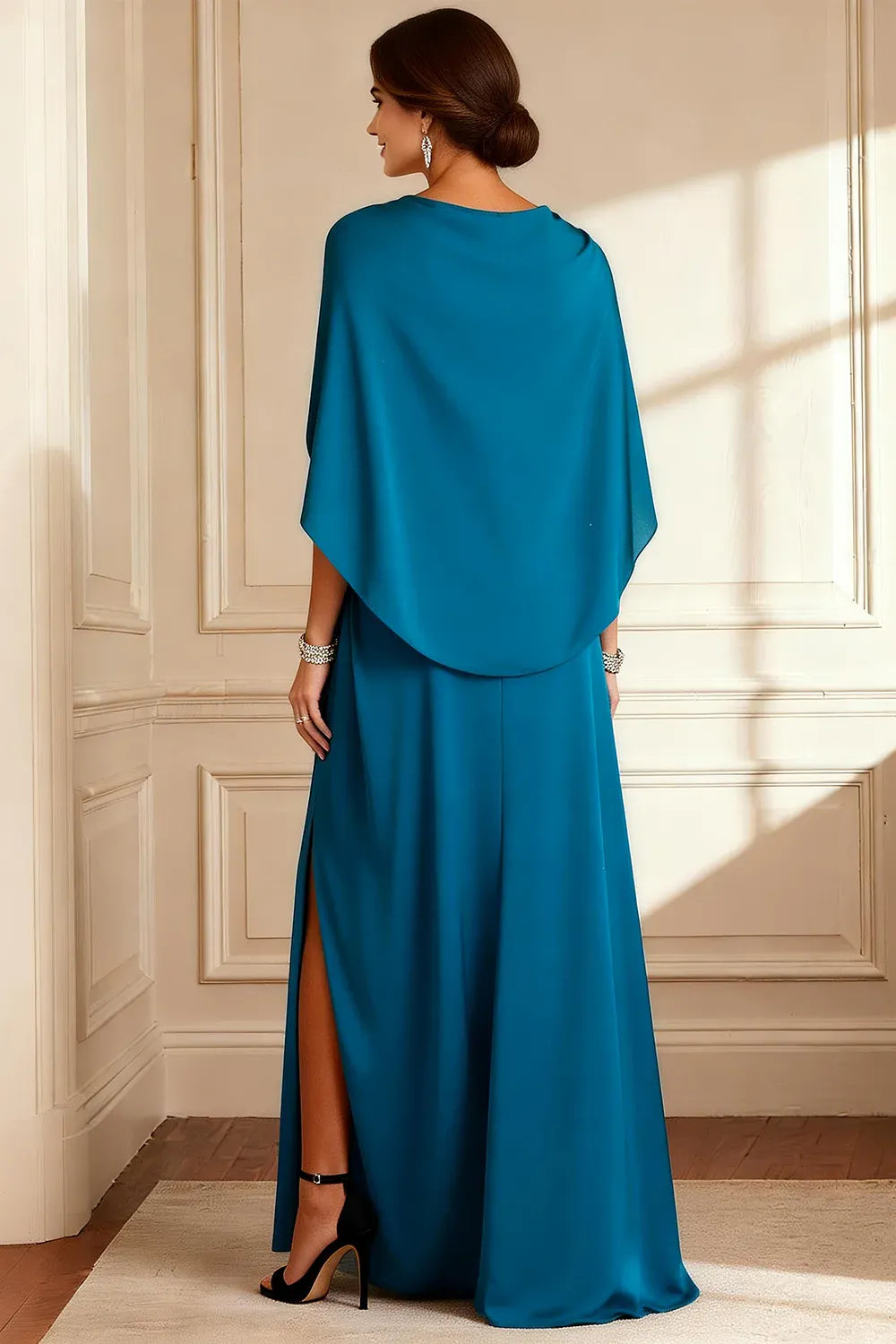 Bodycon V Neck Cape Appliques Floor-Length Mother of the Bride Dress